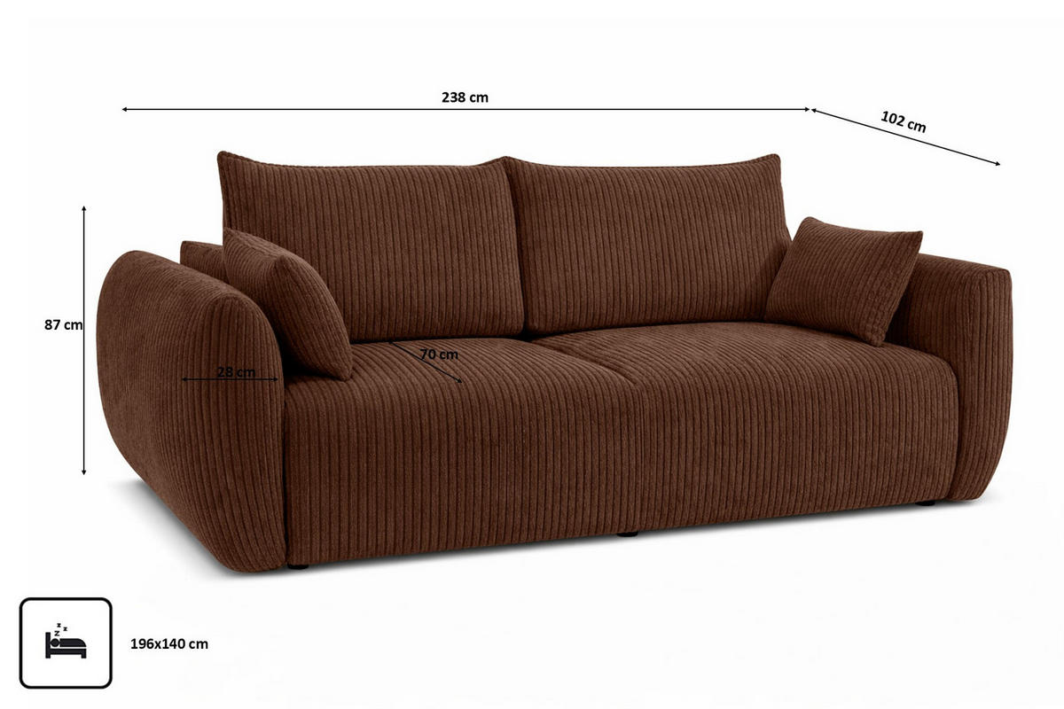 SOFA Mit Schlaffunktion Und Bettkasten, Cordstoff Poso, Braun, Zephira - Braun, Holz (238/87/102cm) - Kaiser Möbel