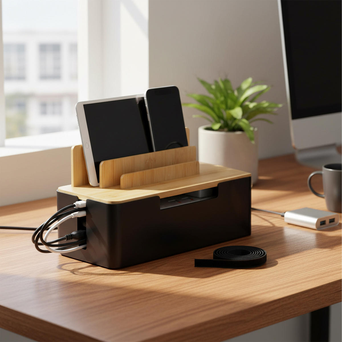 KABELBOX - Braun, Holz/Kunststoff (13/30/16cm) - Relaxdays