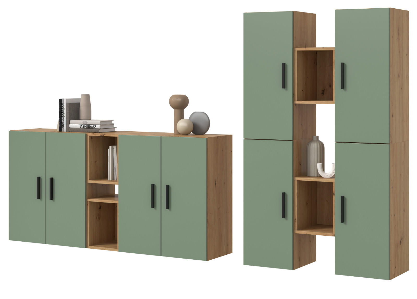 Inn.Furn Wohnwand Eiche Artisan, Grün 259x151x34 cm