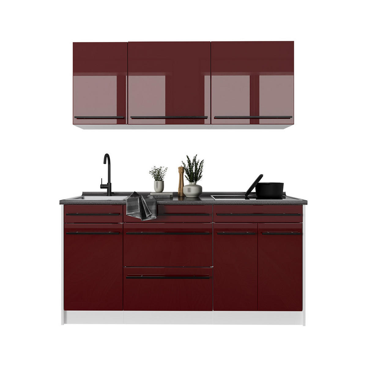 SINGLEKÜCHE R-Line, Rot Hochglanz/Weiß, 160 cm Arbeitsplatte Anthrazit - Rot/Weiß, Holzwerkstoff (160/81.6/60cm) - Vicco
