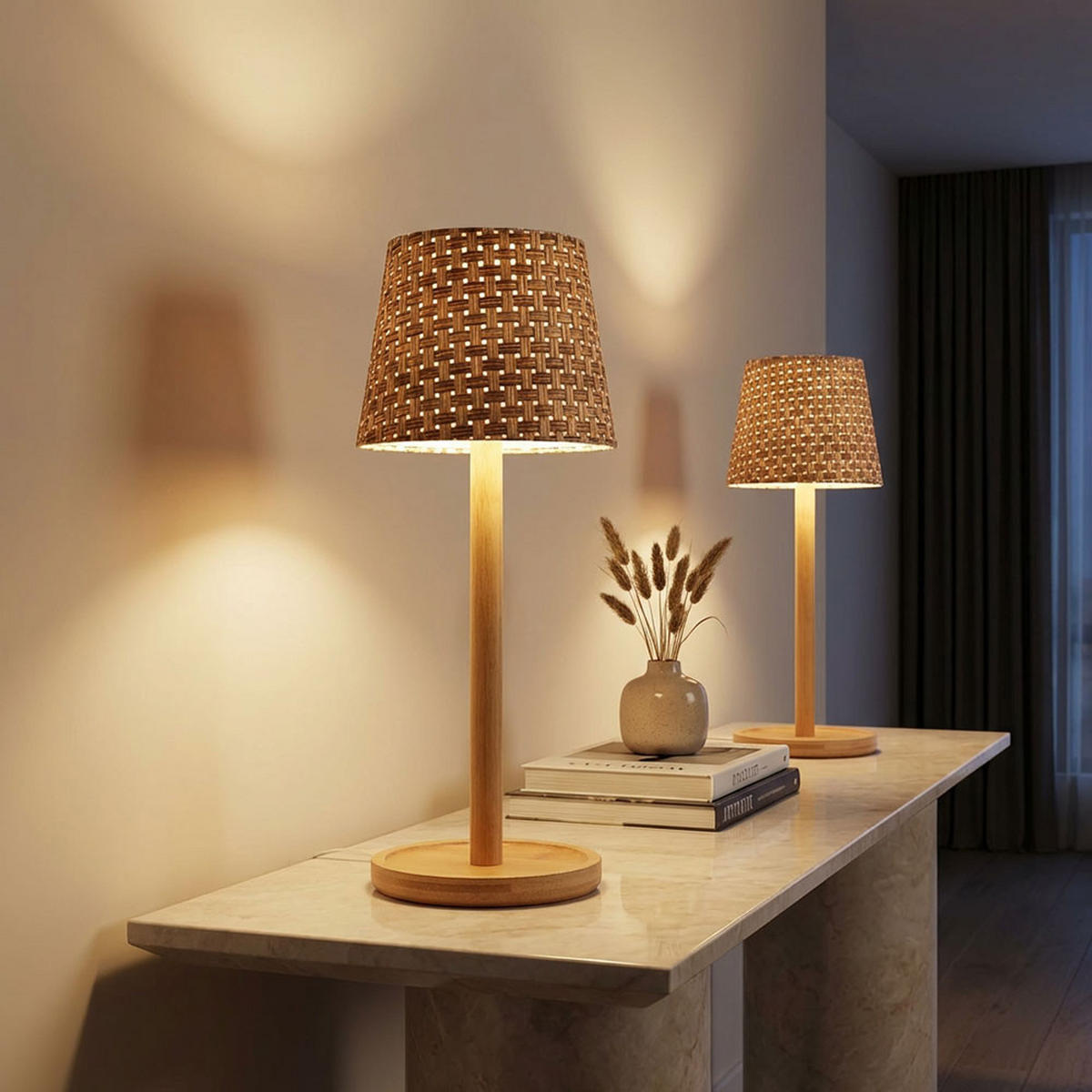 TISCHLEUCHTE Bambus Braun, LED, Touchdimmer, 3er Set - Braun, Holz (40.4/10.9/33cm) - Globo Lighting