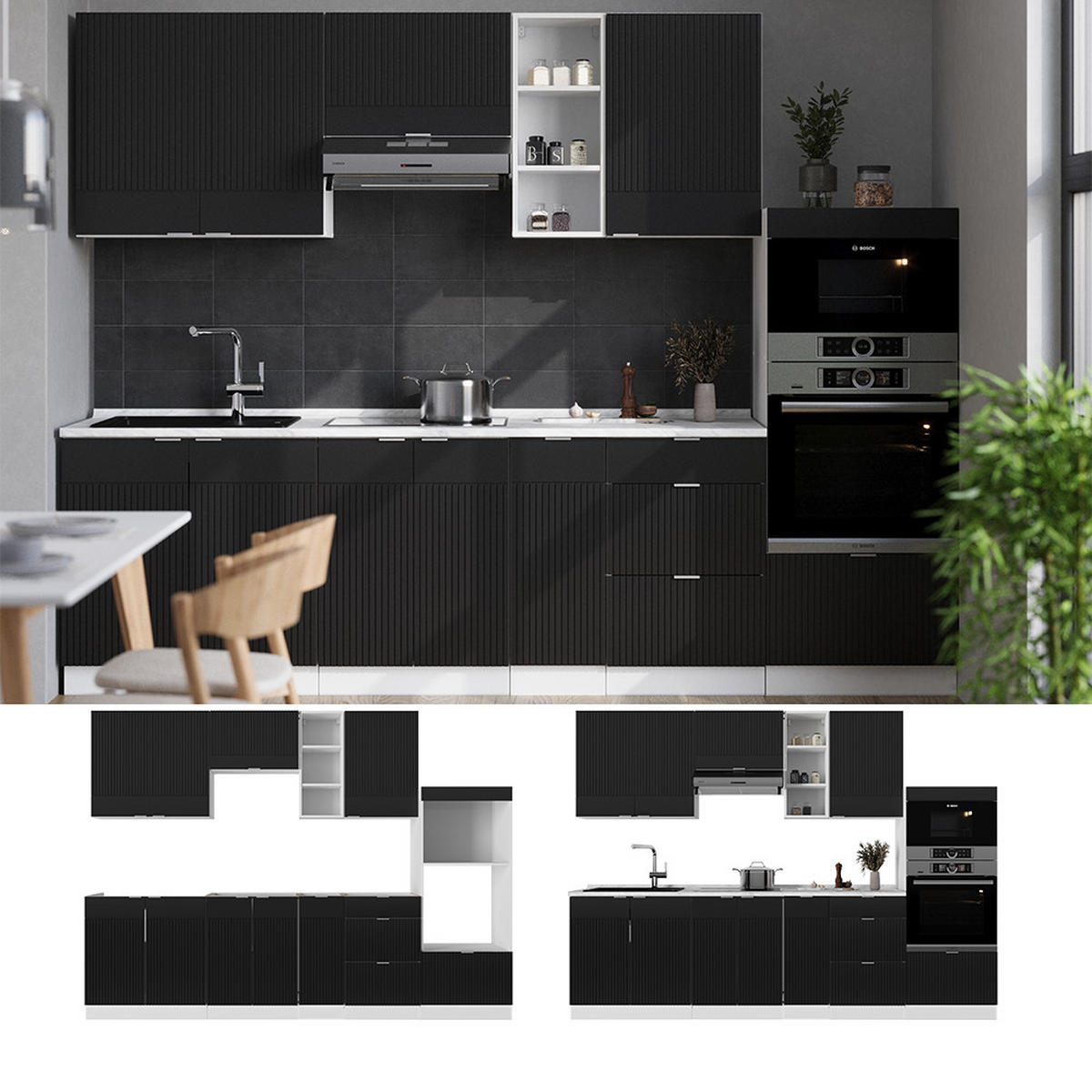 KÜCHENZEILE Fame-Line, Schwarz gestreift/Weiß, 280 cm, AP Eiche - Schwarz/Weiß, Holzwerkstoff (280/81.6/60cm) - Vicco