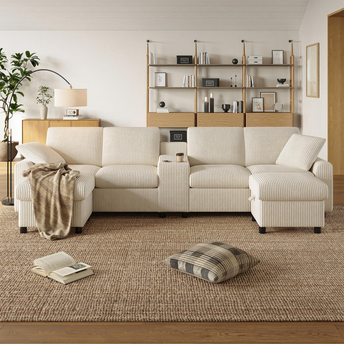 WOHNLANDSCHAFT Cord Beige mit Hockern, USB, Type-C und Steckdosen - Beige, Holzwerkstoff/Kunststoff (315/81/135cm) - WISHDOR
