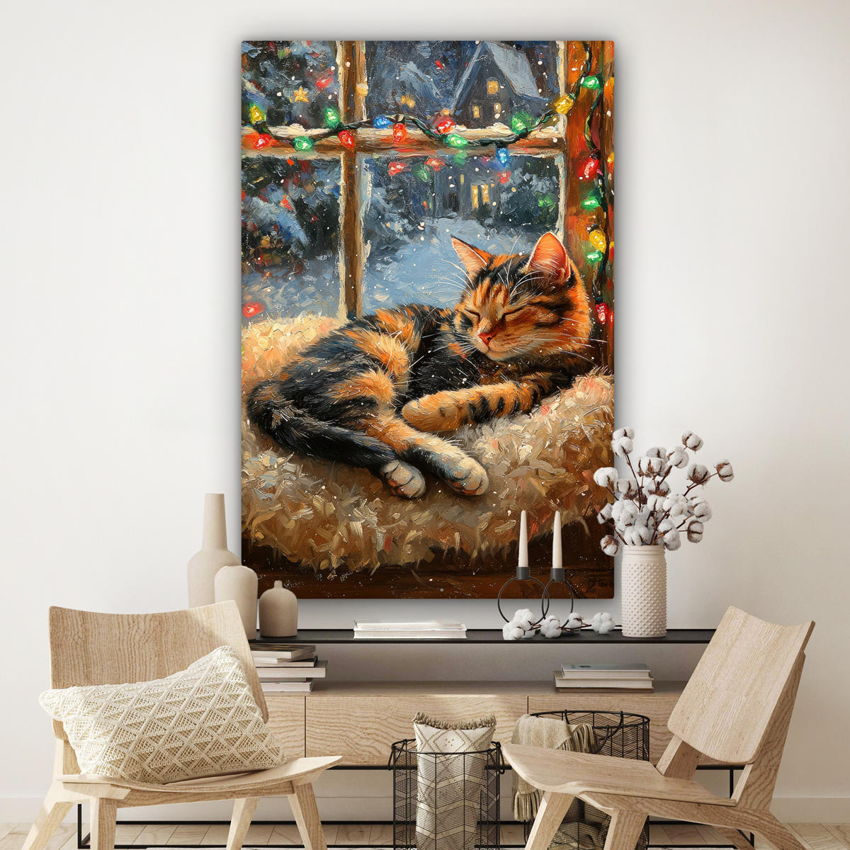 LEINWANDBILD Katze - Weihnachten - Winter - Tier Deko Groß 90x140 cm - Bernsteinfarben, Textil (90/140cm) - MuchoWow