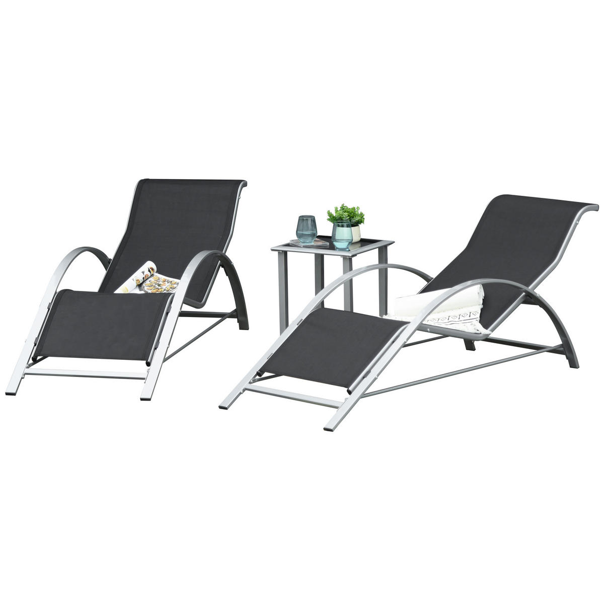 GARTENLIEGE DE-07646 3er-Set mit Tisch, Metallrahmen, atmungsaktiv Schwarz - Schwarz, Metall (169/66/59cm) - ComfortXL