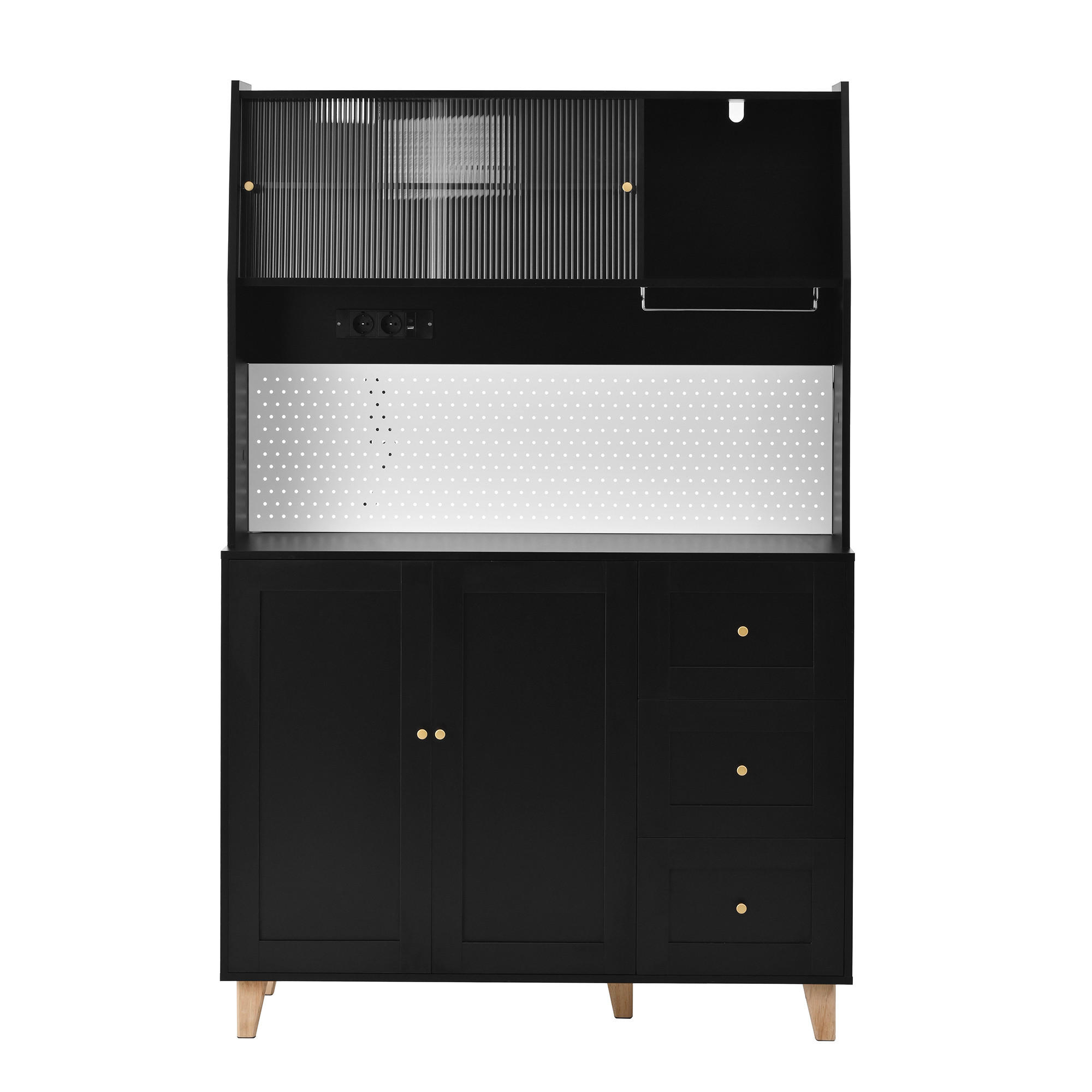 KÜCHENOBERSCHRANK 120/40/184 cm in Schwarz mit Schubladen, Steckdosen und Fluted Glas - Schwarz, Holzwerkstoff (120/184/40cm) - BEAOK