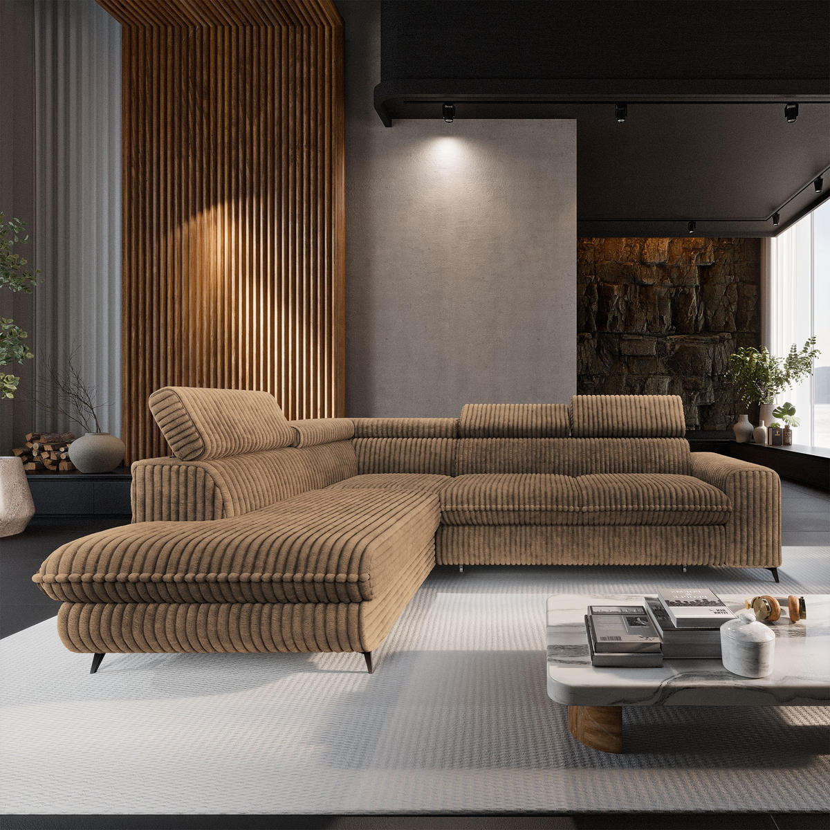 ECKSOFA VELISS Beige Kordstoff mit Schlaffunktion - Beige, Holz (255/193cm) - MASSENO