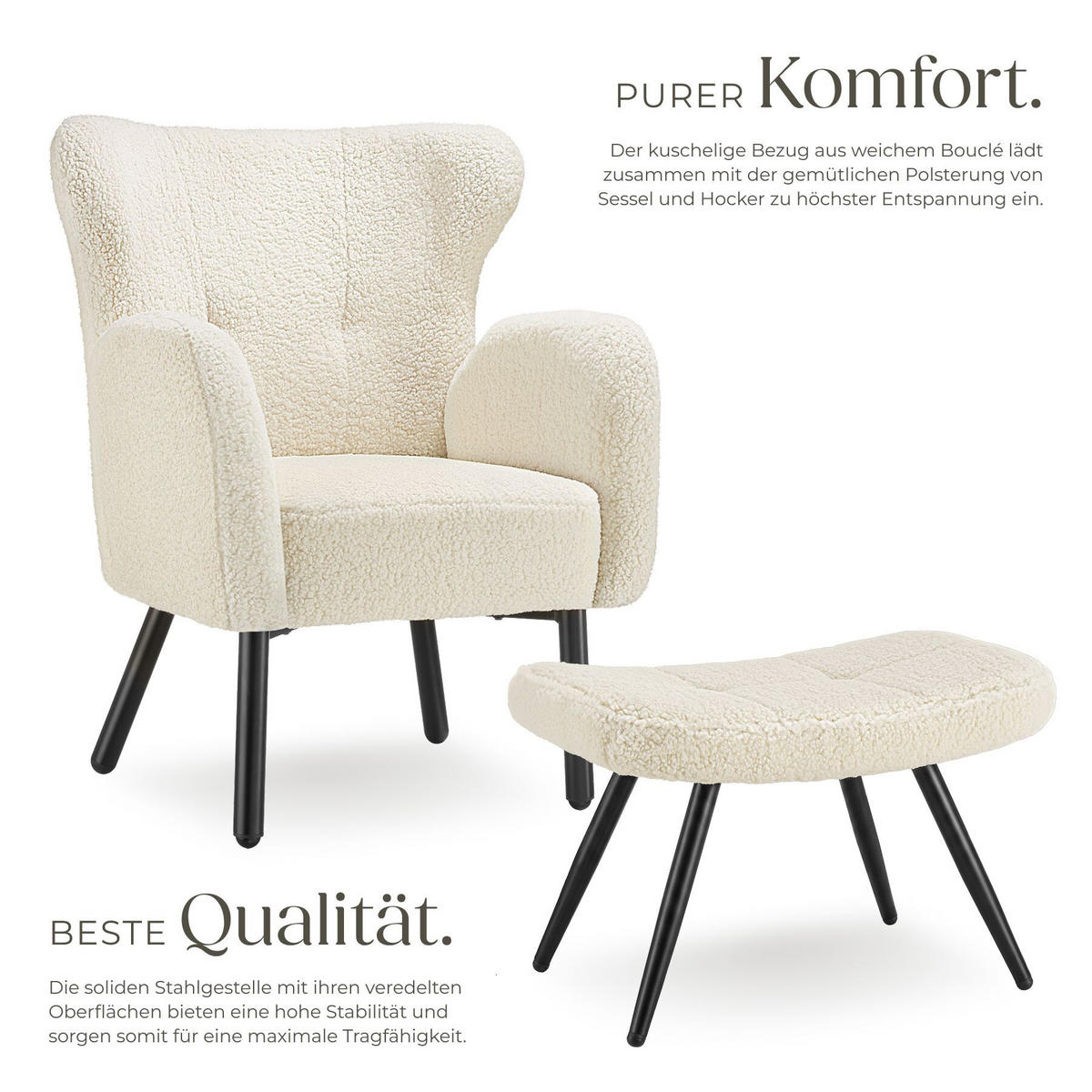 SESSEL MIT HOCKER Vänersborg, Belastbarkeit 120 kg, Bouclé creme/schwarz - Creme/Schwarz, Kunststoff (72/92/71cm) - tectake