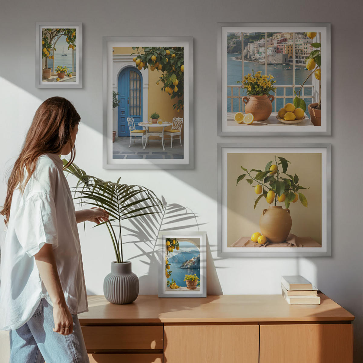 BILDER SET 5er Set - 50x50 cm & 20x30 cm & 40x60 cm Silberner Rahmen - Meereslandschaften, Zitronen, Fenster - Silberfarben, Kunststoff (40/60cm) - TULUP