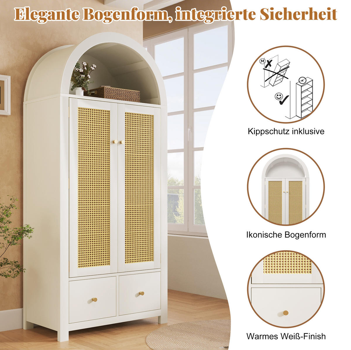 KLEIDERSCHRANK aus Holz 45x78x181 cm Weiß mit Rattangeflecht, 2 Türen, 2 Schubladen und Kleiderstange - Weiß, Holzwerkstoff (78/181/45cm) - Modfu