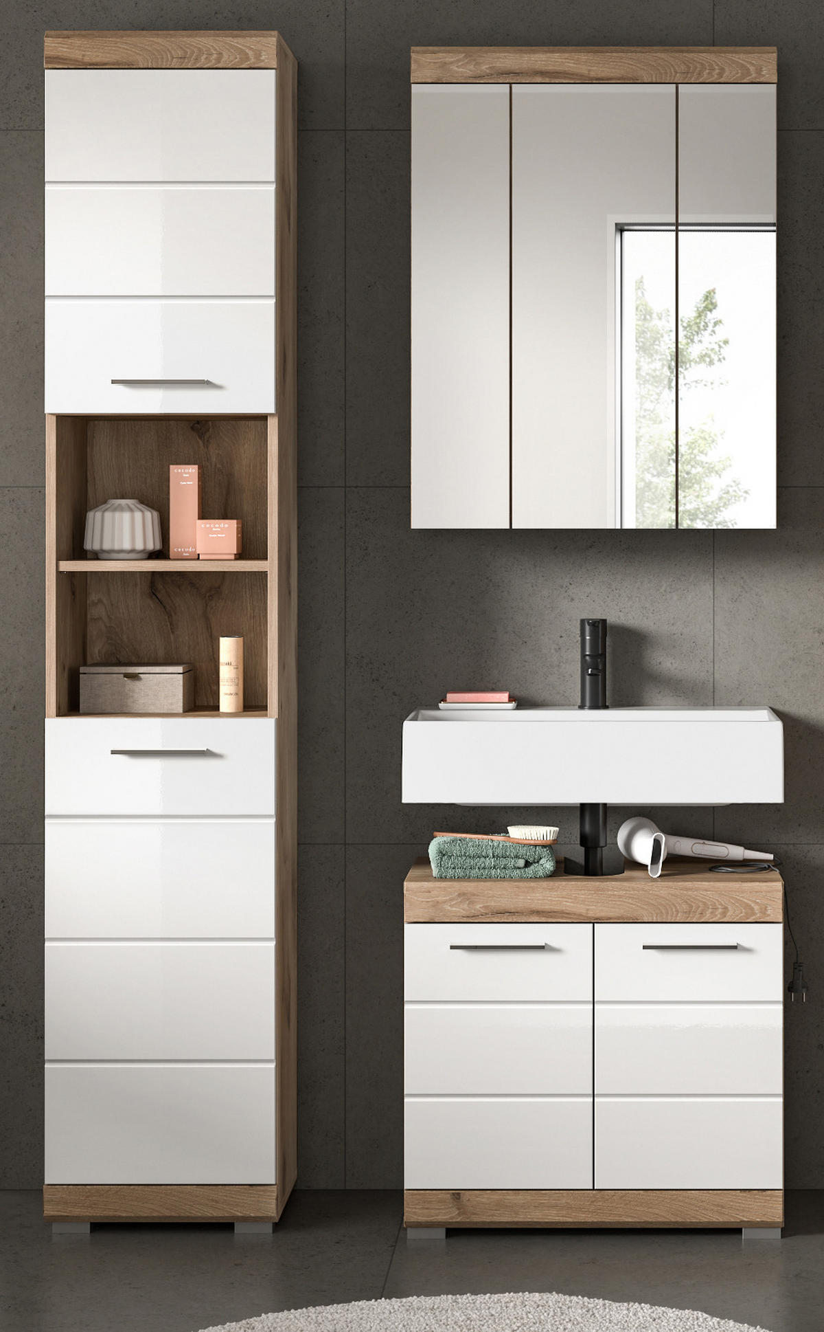 BADMÖBEL-SET weiß Hochglanz, Eiche 3-teilig 112 cm mit viel Stauraum - Weiß Hochglanz/Eichefarben, Glas/Holzwerkstoff (112/191/34cm) - Inn.Furn