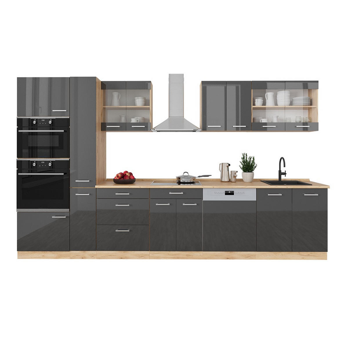 KÜCHENZEILE R-Line Anthrazit Hochglanz/Goldkraft Eiche 350 cm mit Hochschrank, AP Marmor - Honigeiche/Schwarz Hochglanz, Holzwerkstoff (350/206.8/60cm) - Vicco