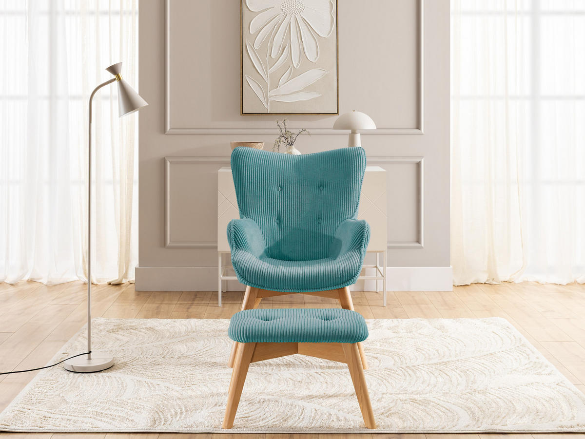 LOUNGESESSEL mit Fußhocker Lenari Türkis Cordstoff mit Füßen in Natur - Türkis/Naturfarben, Holz/Textil (71/96/86cm) - S-Style Möbel