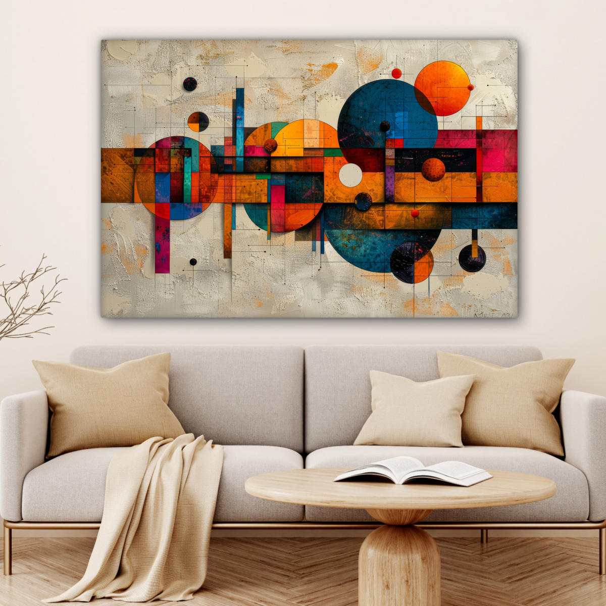 OBRAZ NA PLÁTNE Vintage - Moderné umenie - Oranžová - Geometrické tvary 120x80 cm - viacfarebná, textil (120/80cm) - MuchoWow