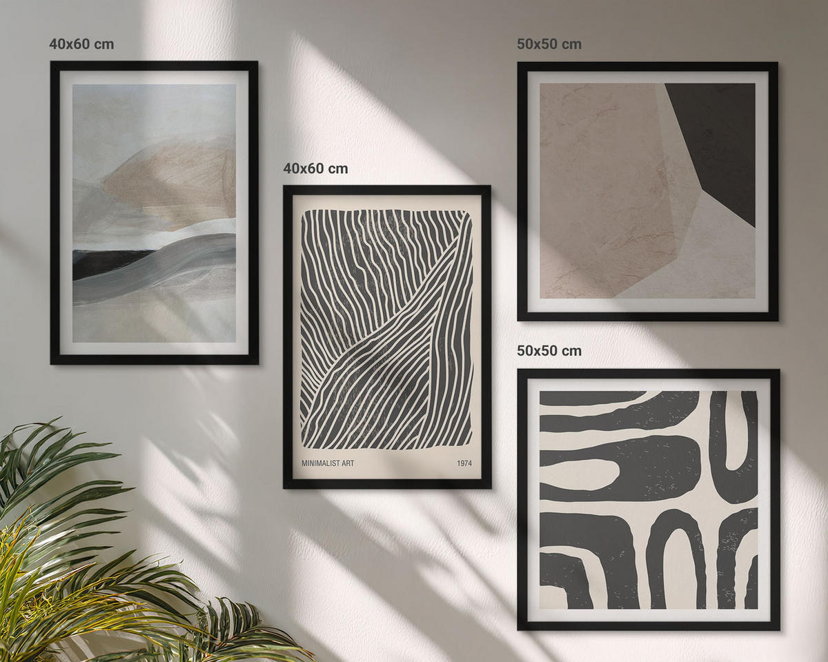 WANDBILDER 4er-Set - 50x50 cm & 40x60 cm Schwarzer Rahmen - Abstrakte Boho-Dekorationsmuster - Schwarz, Kunststoff (50/50cm) - ArtPrintCave
