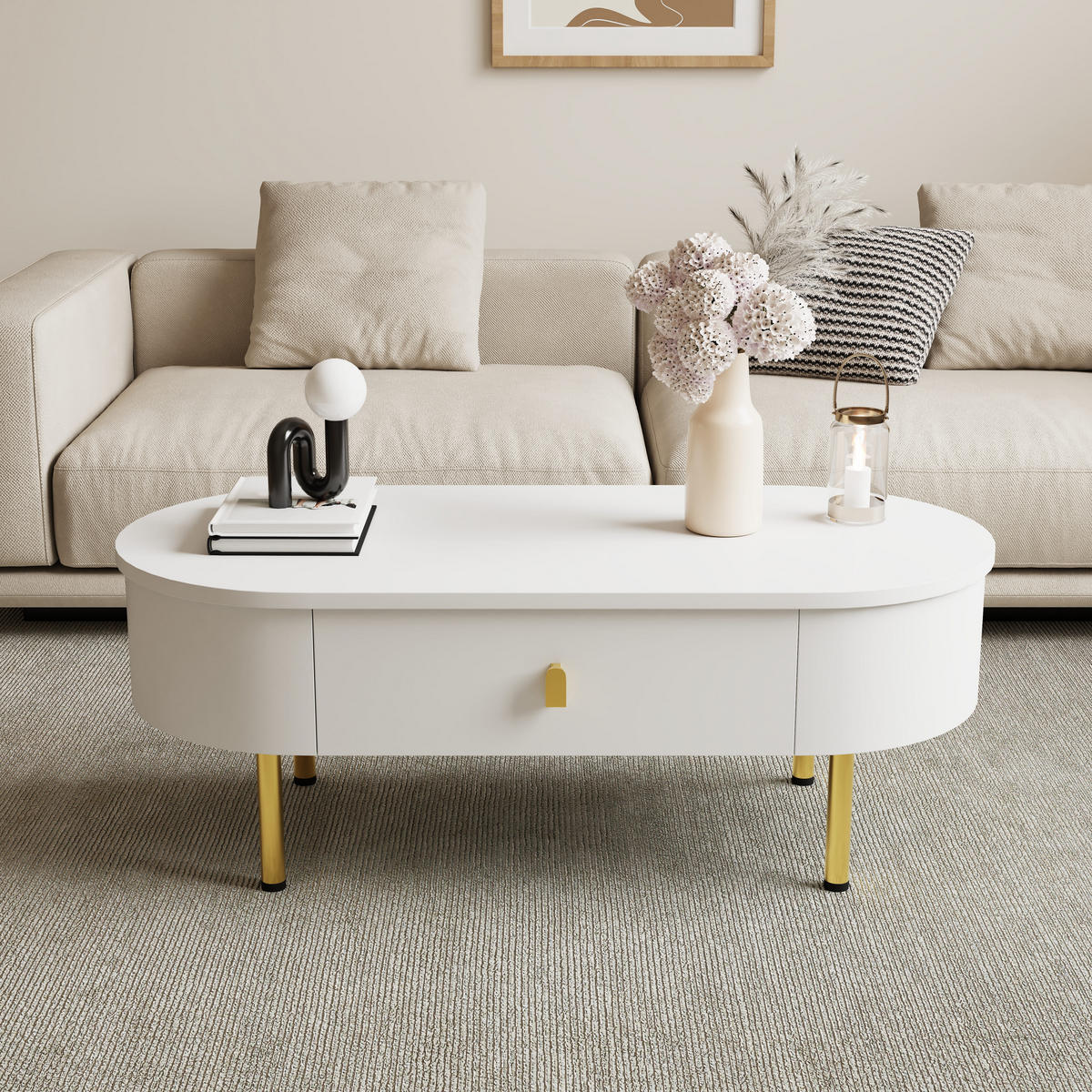 COUCHTISCH in Weiß mit 2 Schubladen und goldenen Griffen für Wohnzimmer, B108/T50/H40 cm - Goldfarben/Weiß, Holzwerkstoff (50/108/40cm) - STILVORA