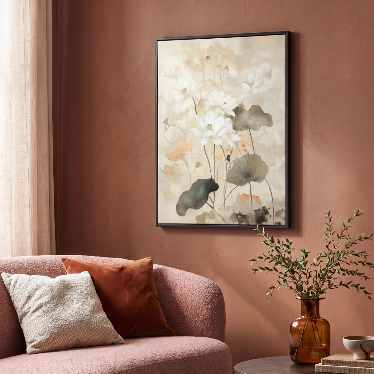 LEINWAND Bilder mit Rahmen - Blumen - Japandi - Wabi sabi - 70x100 - Sandfarben, Textil (70/100cm) - MuchoWow