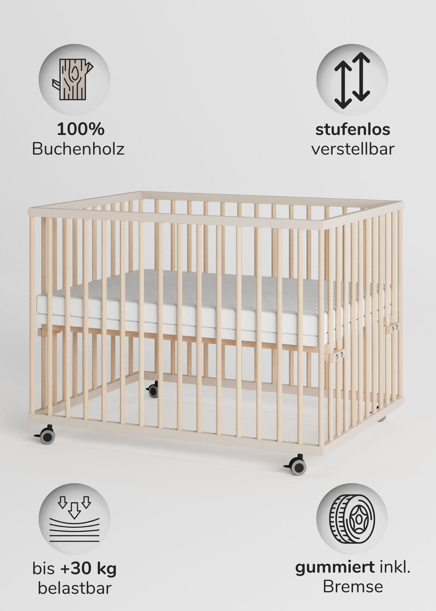 LAUFGITTER 75x100 cm mit Matratze Cloud Air - sahara dust/natur - Premium Kollektion - Sandfarben/Naturfarben, Holz (100/74/75cm) - Sämann – make a difference.
