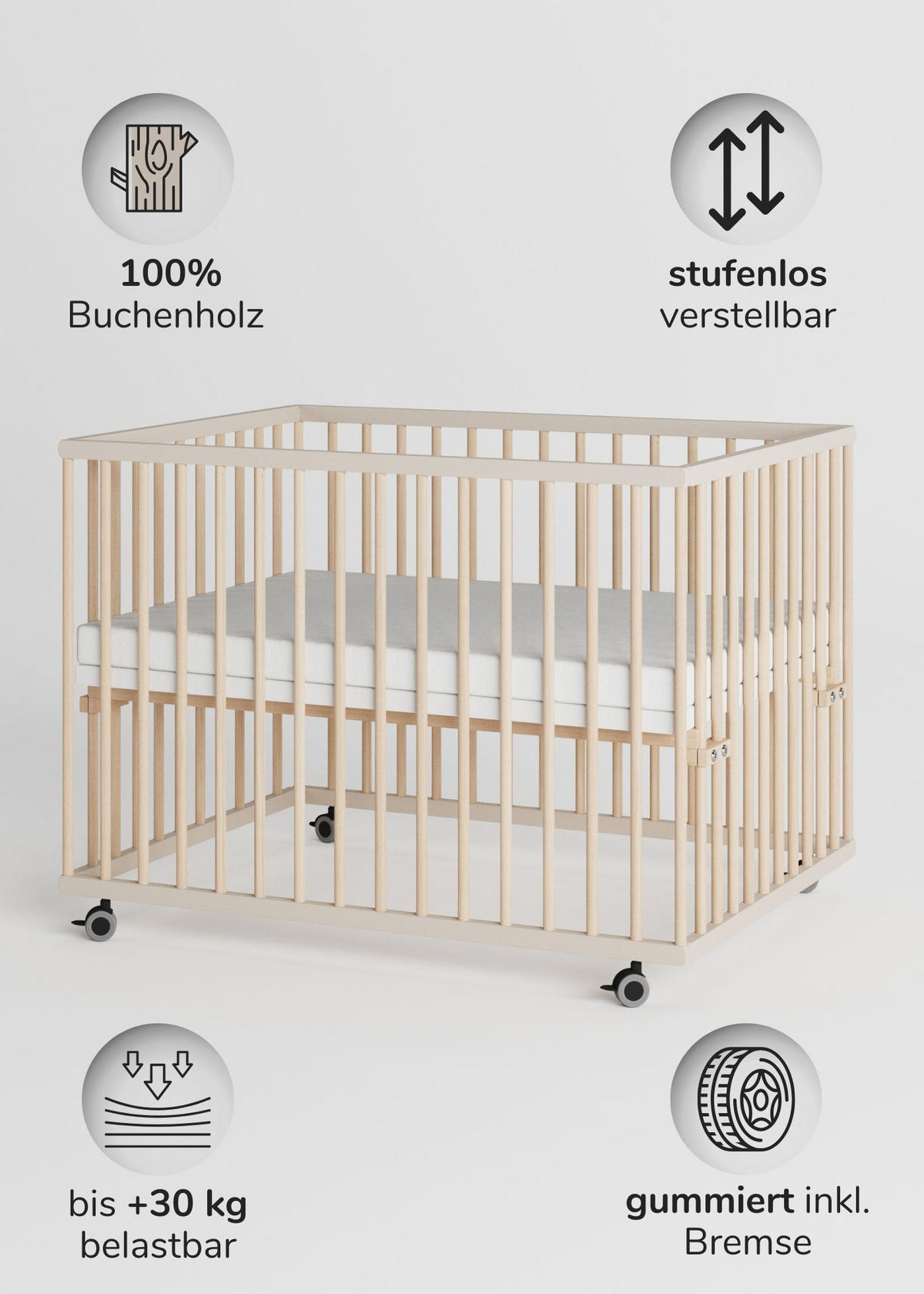 LAUFGITTER 75x100 cm mit Matratze Cloud Air - sahara dust/natur - Premium Kollektion - Sandfarben/Naturfarben, Holz (100/74/75cm) - Sämann – make a difference.