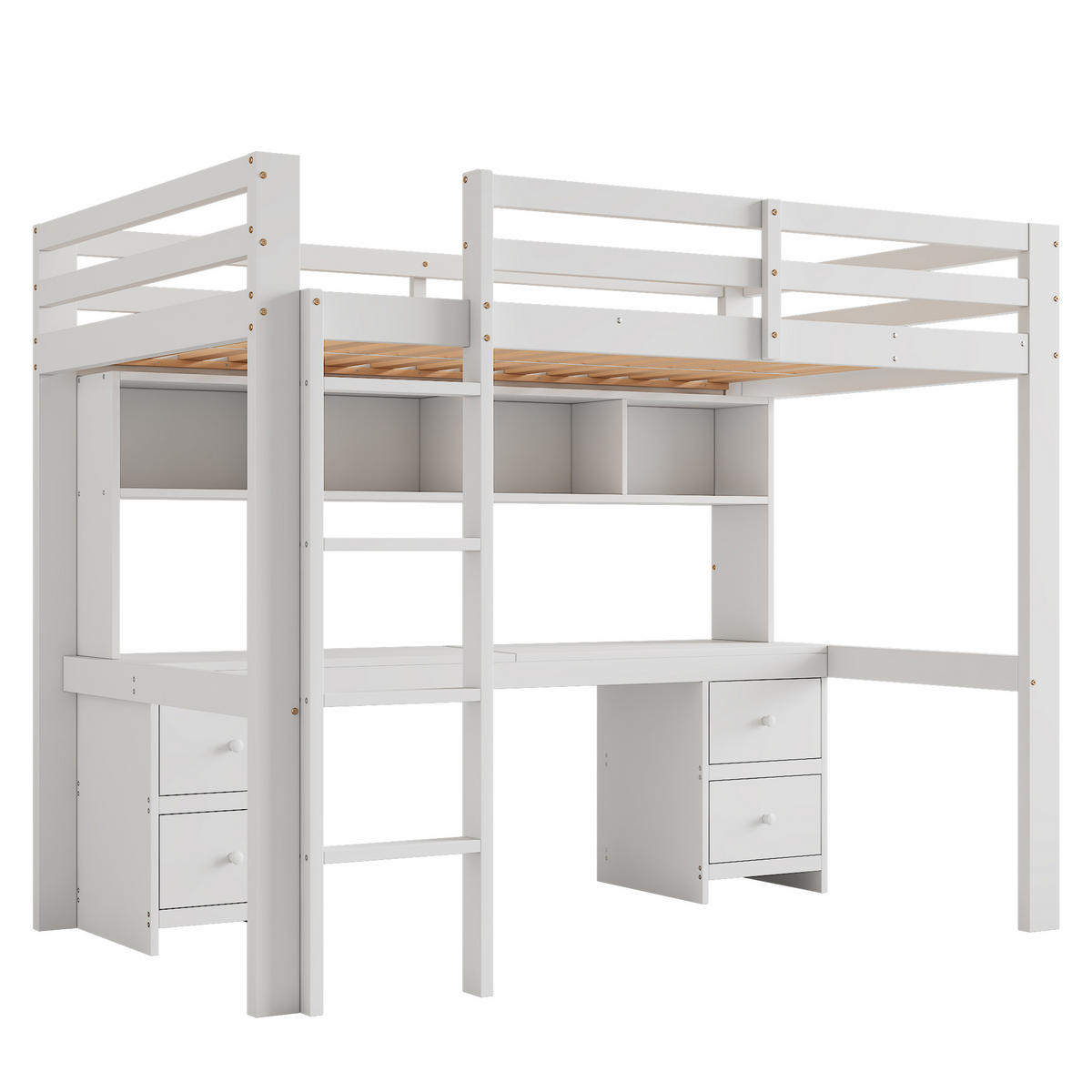 HOCHBETT aus Kiefernholz 90x200 cm in Weiß mit Schreibtisch & Stauraum - Weiß, Holz (90/200cm) - Modfu