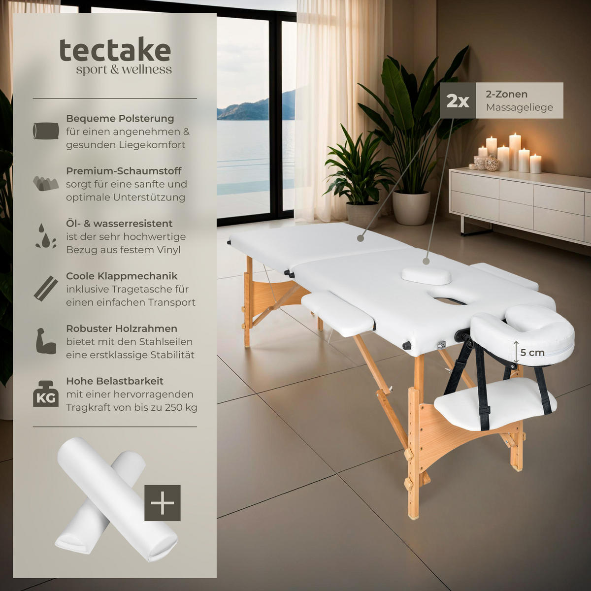 MASSAGELIEGE 2 Zonen Freddi,210 x 95 x 84 cm,weiß - Weiß, Holz (95/84/210cm) - tectake