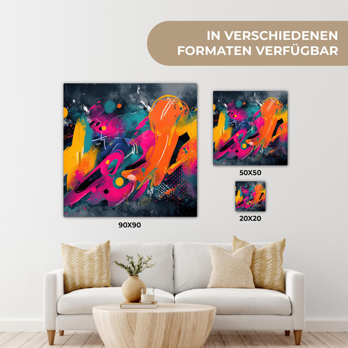 LEINWANDBILD Abstrakt - Graffiti - Farbenfroh - Farbspritzer Wandbild Wohnzimmer 50x50 cm - Multicolor, Textil (50/50cm) - MuchoWow