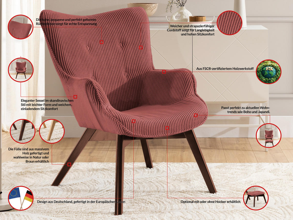 LOUNGESESSEL mit Fußhocker Lenari Terrakotta Cordstoff mit Füßen in Braun - Terra cotta/Braun, Holz/Textil (71/96/86cm) - S-Style Möbel