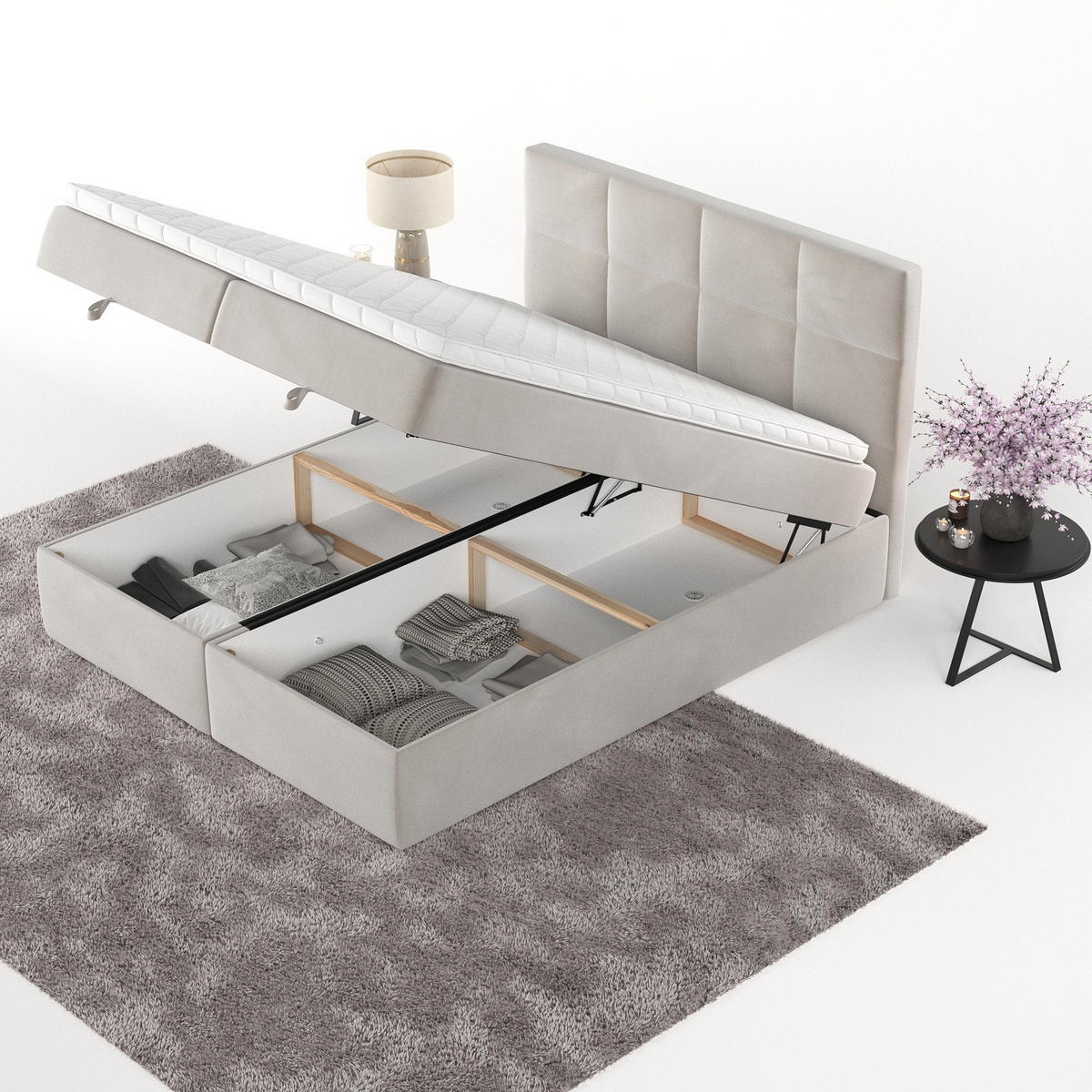 BOXBETT Velto 200/200 cm Hellbeige im Paros Stoff - Beige/Schwarz, Holz/Holzwerkstoff (200/200cm) - AltaBeds