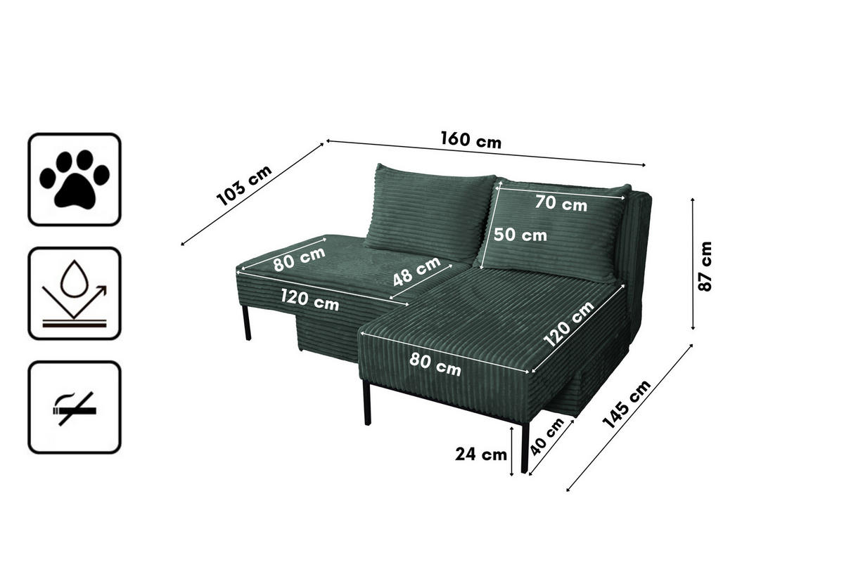 ECKSOFA Mit Schlaffunktion MOOKA 4in1-Multifunktions-System Stoff Velo Rechts Grun - Grün, Holz/Textil (145/160cm) - Kaiser Möbel