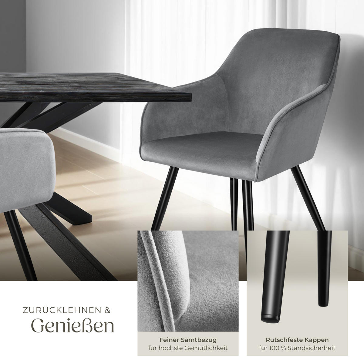 ESSZIMMERSTUHL 4er Set Marilyn,58 x 62 x 82 cm,grau/schwarz - Schwarz/Grau, Textil (58/82/62cm) - tectake