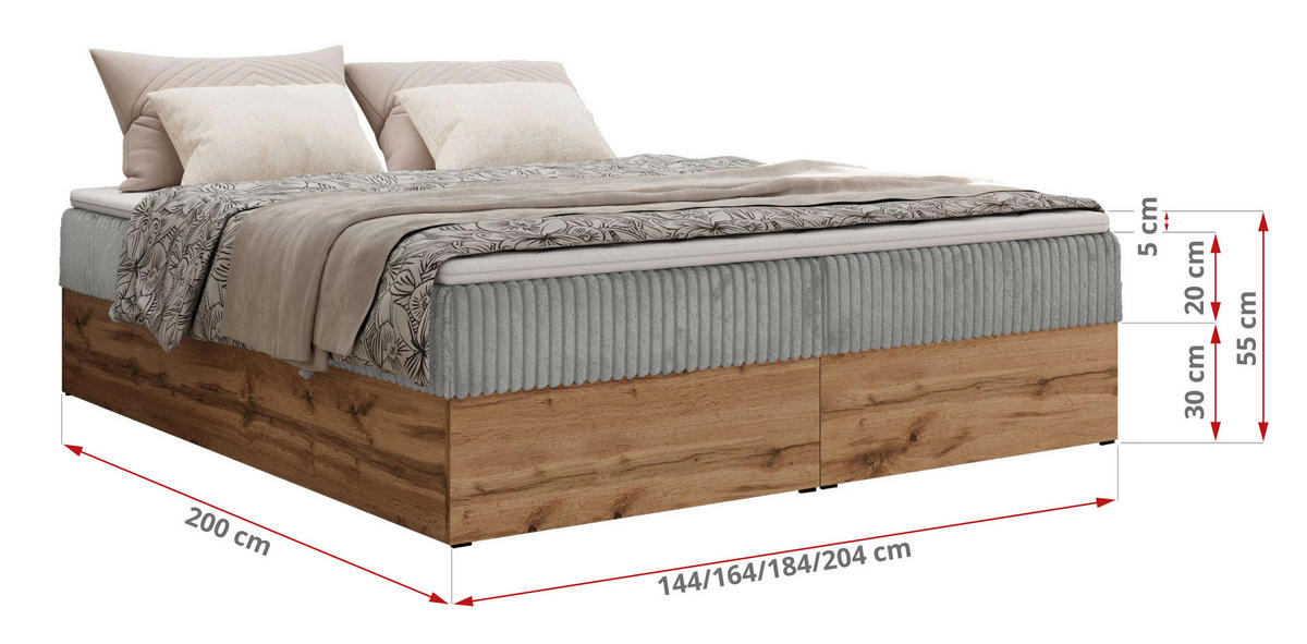BOXBETT WOOD ZERO 200/200 - Hellgrau Cord - H3 - Topper T25 - Hellgrau, Textil (200/200cm) - MKS