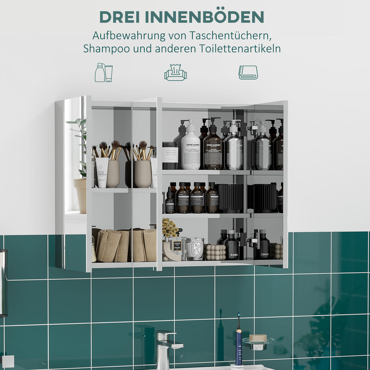 SPIEGELSCHRANK mit 5 Ablagen, 3 Glastüren, Edelstahl, 70 x 12 x 55 cm, Silber - Silberfarben, Glas (12/55/70cm) - Kleankin