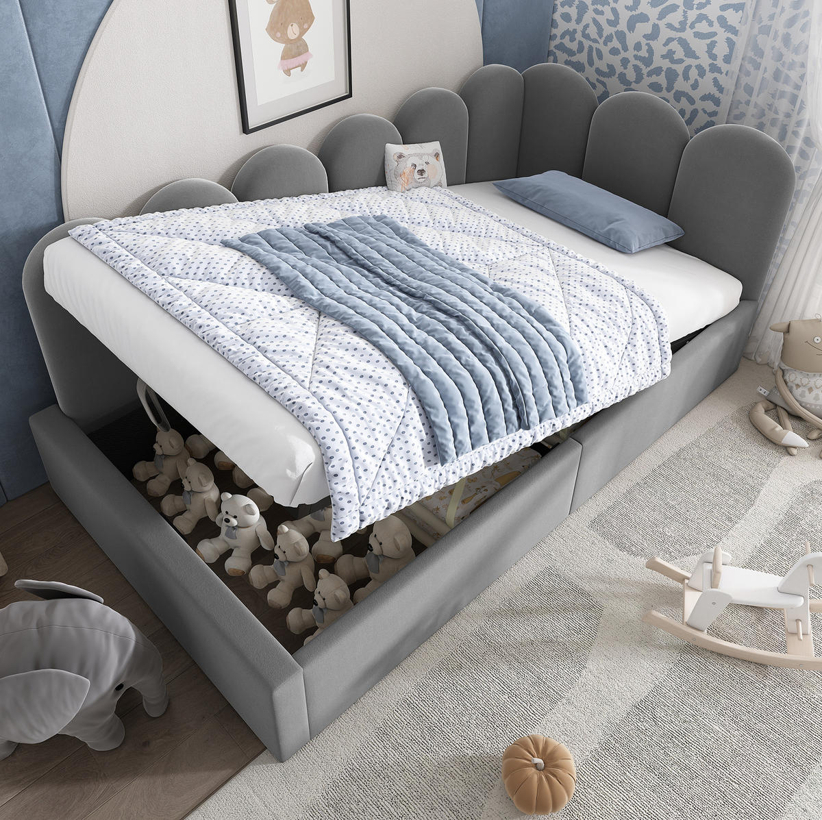 POLSTERBETT 90/200 cm Grau aus Samt mit Stauraum - Grau, Textil (90/200cm) - OKMYHOME