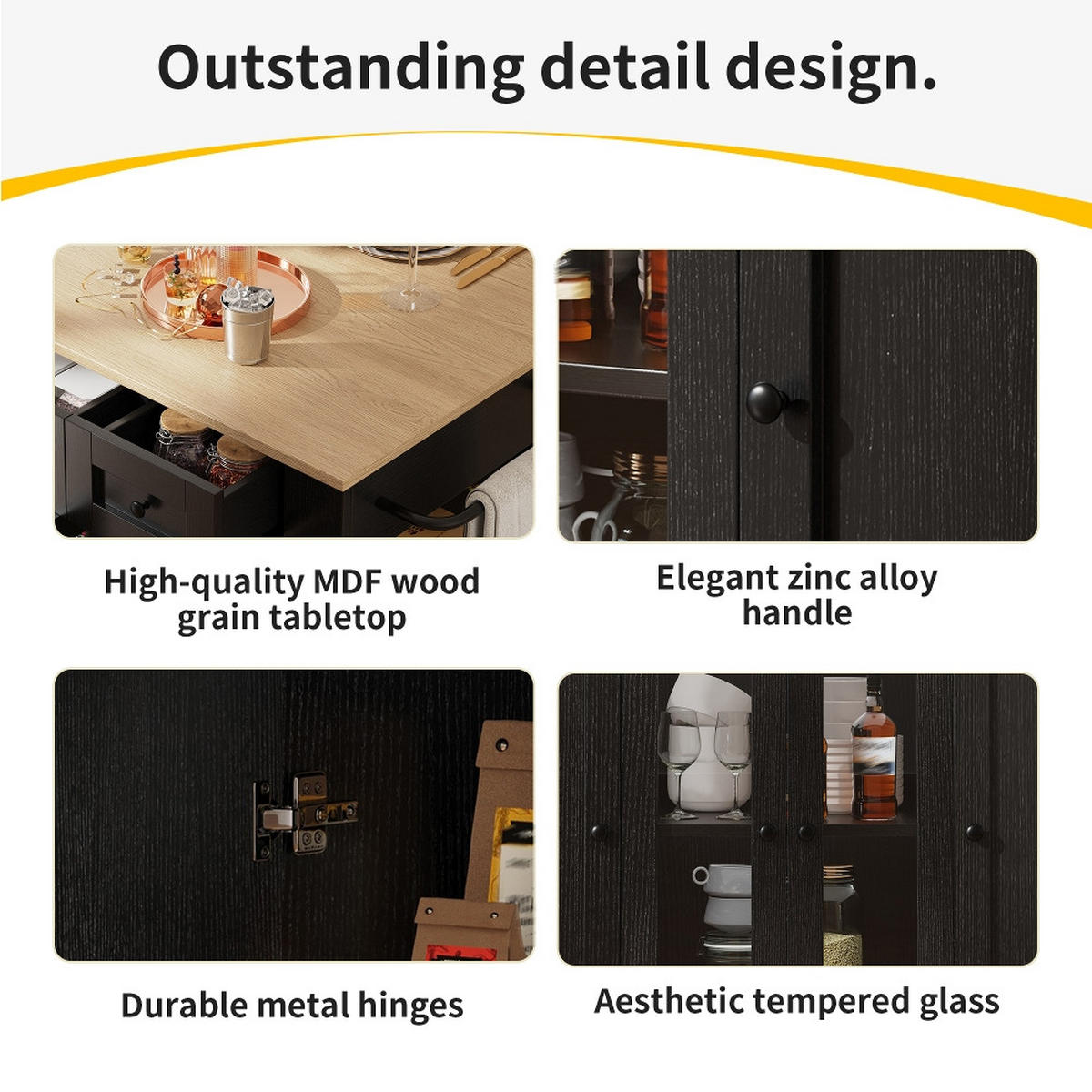KÜCHENINSEL Klappbare Arbeitsplatte, Buffetschrank mit Glastüren, Schwarz-Holzmaserung, Küche, 151,5/85/91,7 cm - Schwarz, Kunststoff (60/91.7/151.5cm) - Rolipo