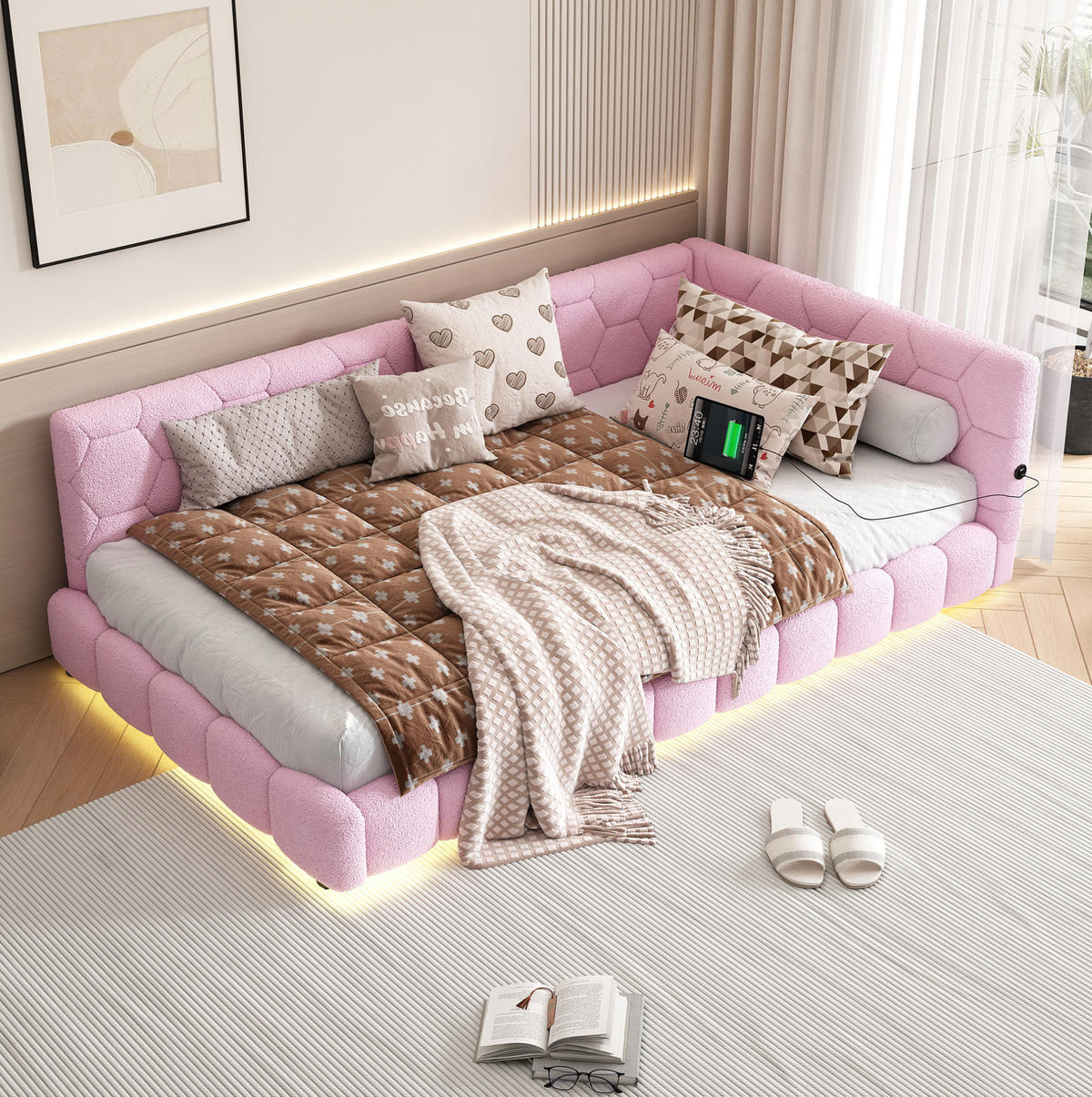 BETT 90/200 cm Rosa aus Vliesimitat und MDF mit LED-Beleuchtung - Rosa, Textil (90/200cm) - OKMYHOME