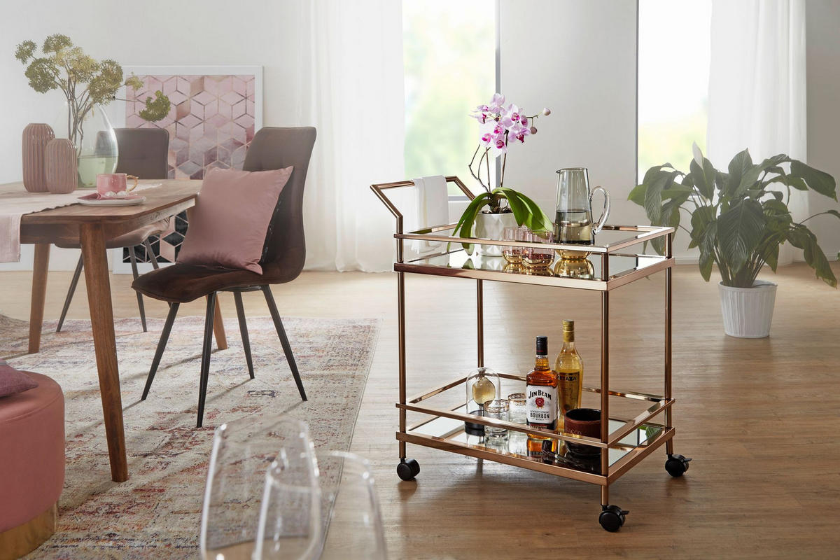 SERVIERWAGEN – Gold, Verspiegeltes Glas, auf Rollen - Goldfarben, Glas/Metall (65/84/45cm) - KADIMA DESIGN