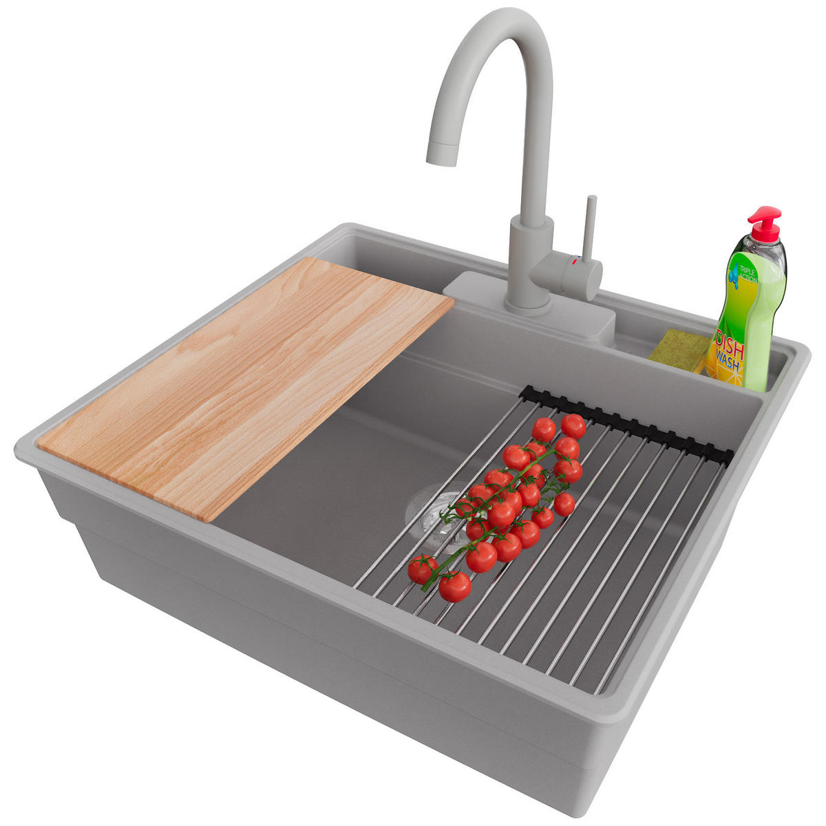 GRANITSPÜLE New York, 2-er set Grau 58/53 cm 1 Becken + Küchenarmatur 32/20 cm + Ablauf-Set + Küchenzubehörset ab 60er Unterschrank - Chromfarben/Beige, Kunststoff (58/20/53cm) - Primagran