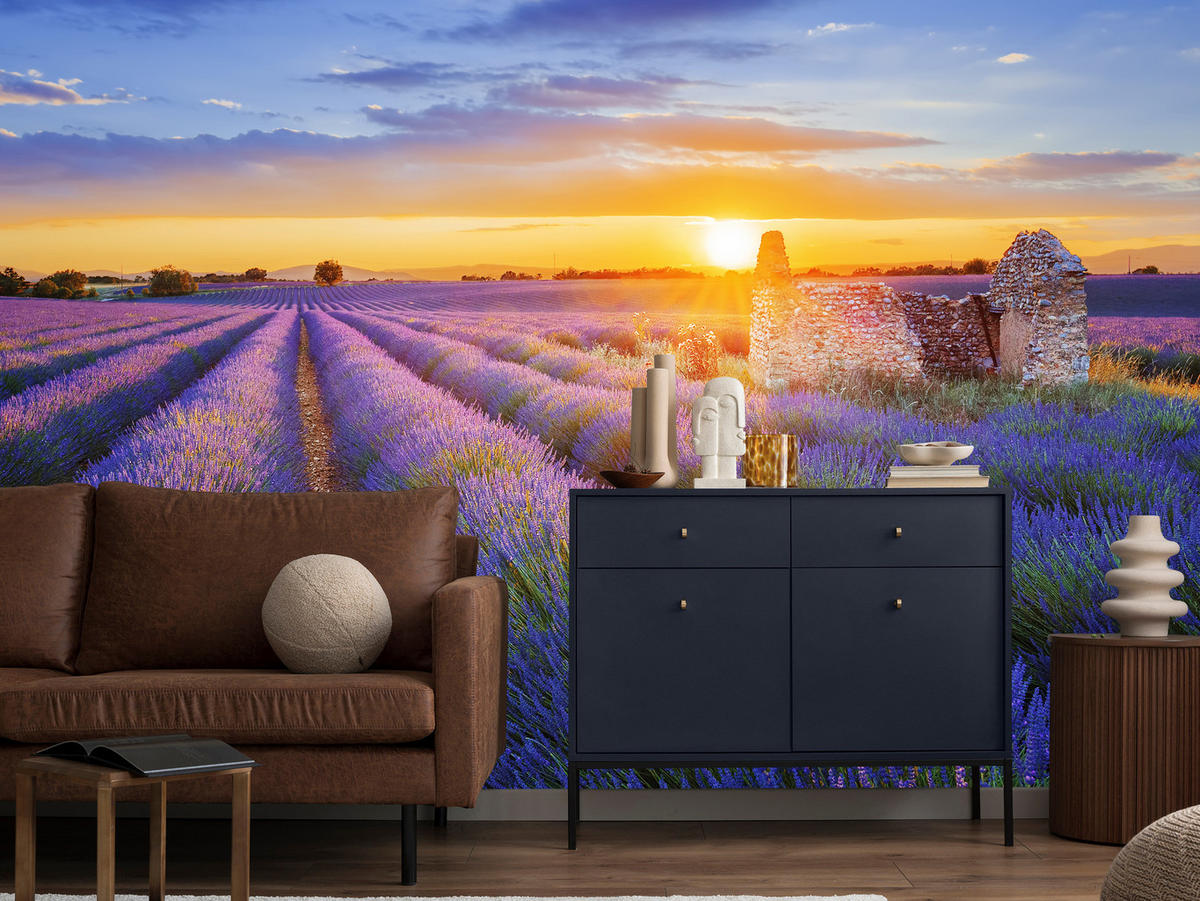 FOTOTAPETA Pre Obývaciu Izbu Levanduľové Pole Západ Slnka Fialová 250 x 175 cm - oranžová/zelená, papier (250/175cm) - Muralo