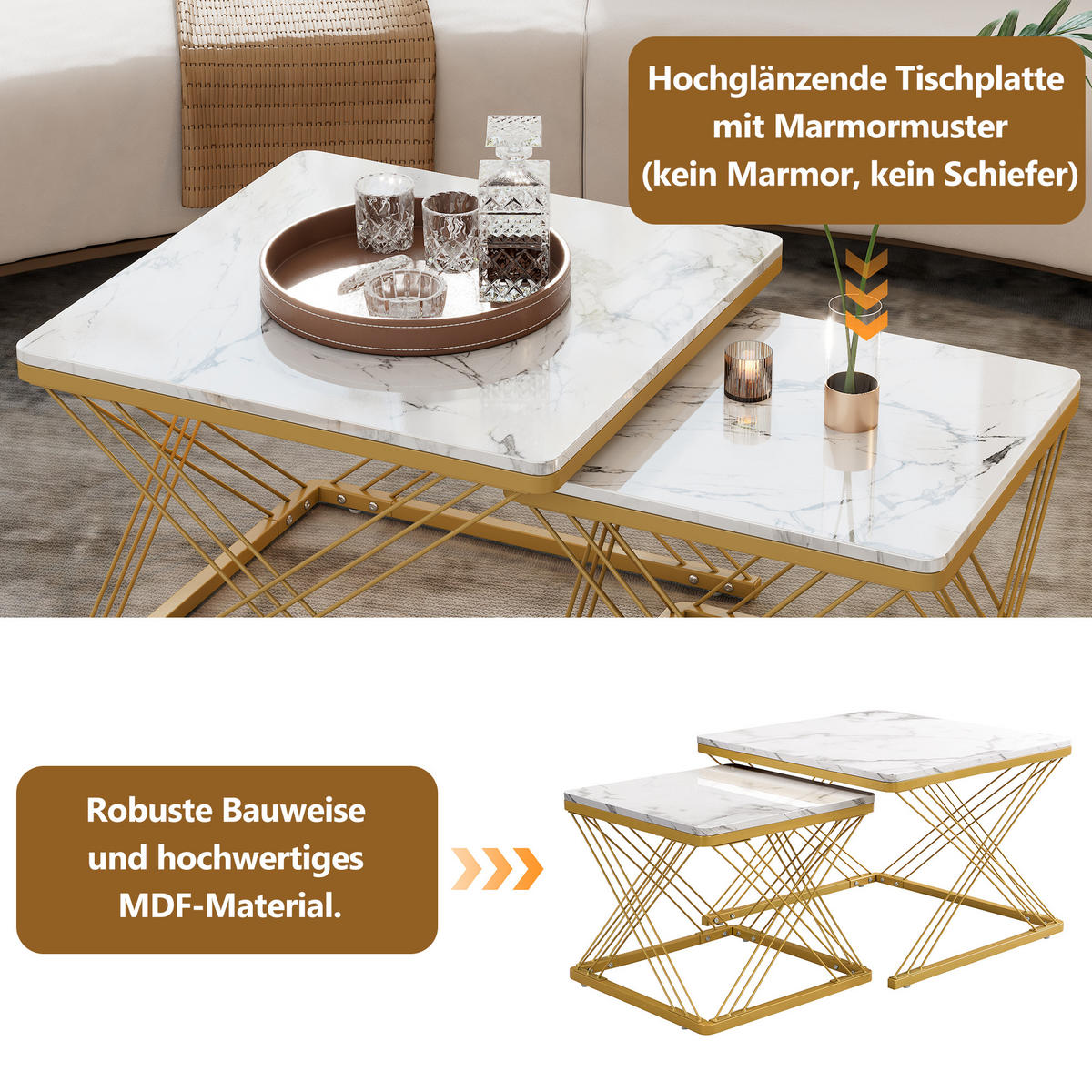 COUCHTISCH-SET 2er-Set Weiß - Weiß, Holzwerkstoff (60/60/45cm)
