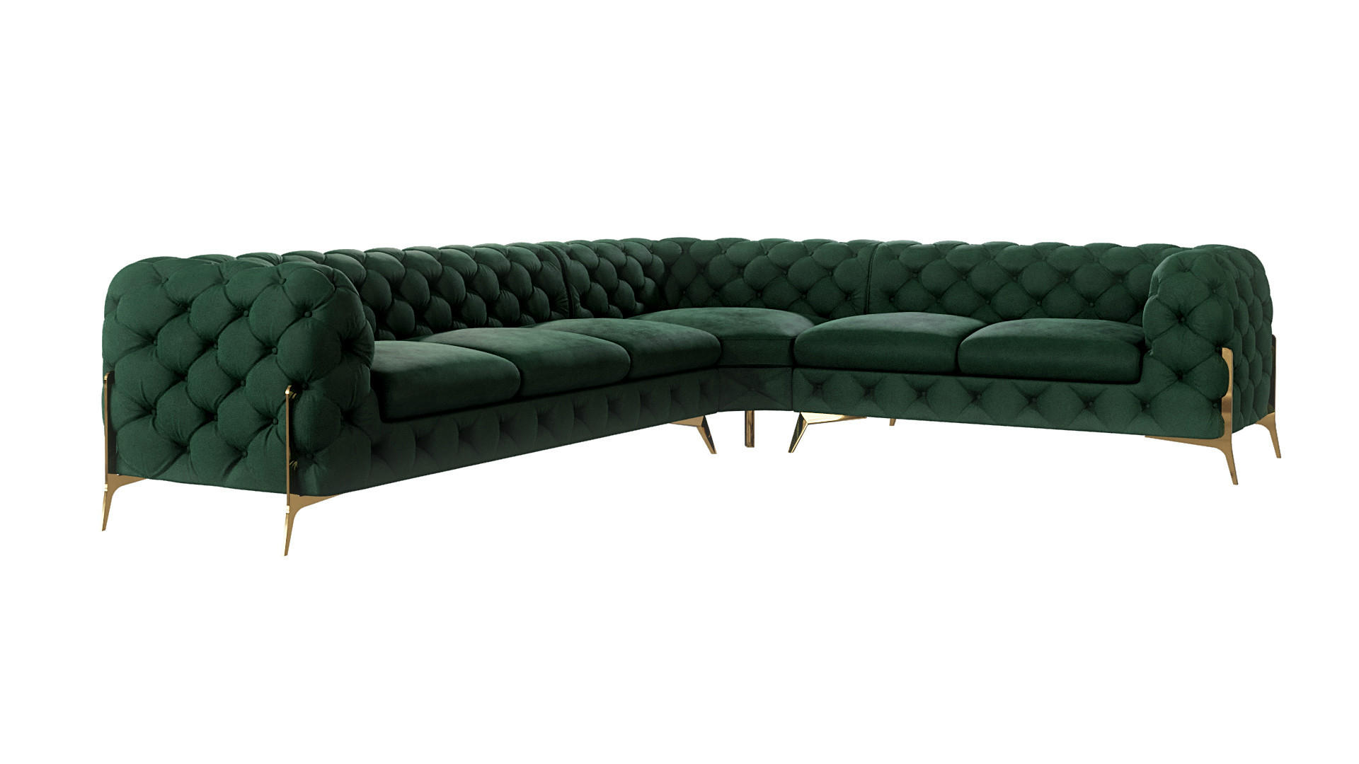 S-Style CHESTERFIELD ROHOVÁ SEDAČKA Lexi z lahvově zeleného sametu se zlatými nohami - otoman vpravo