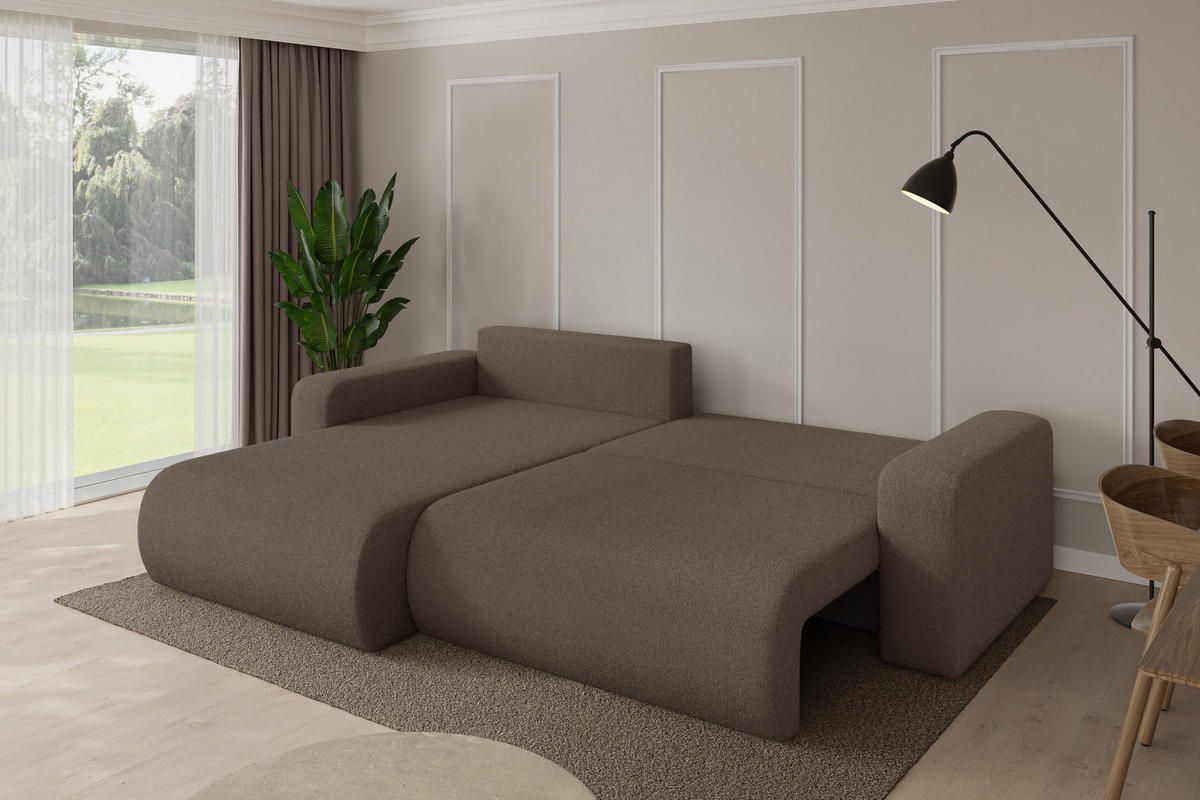 ROHOVÁ SEDAČKA s funkcí spaní, otoman vlevo BERY-L 276x193x88 hnědá bouclé - černá/hnědá, kompozitní dřevo/textil (276/193cm) - ALTDECOR