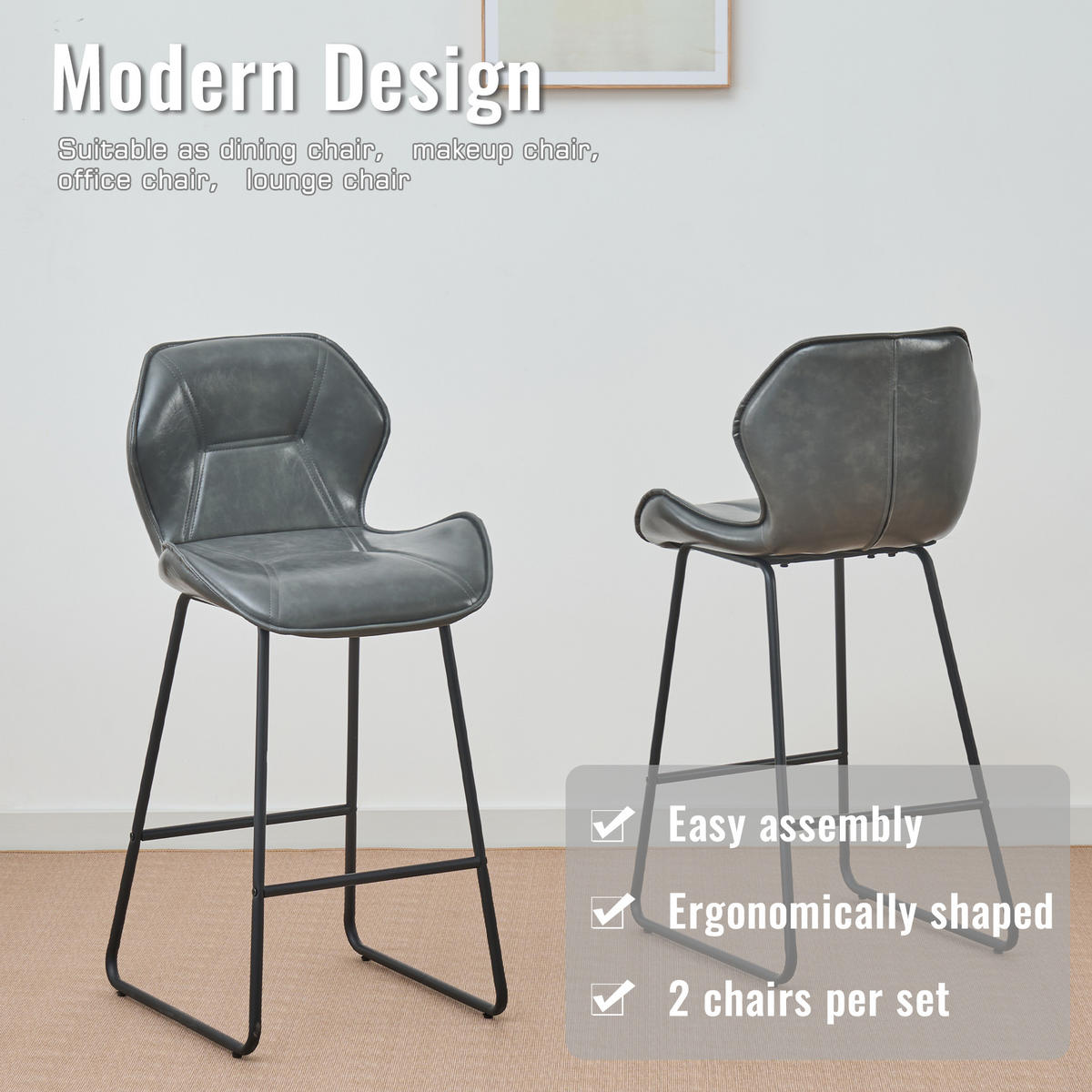 BARHOCKER 2er-Set Grau mit Kunstleder Rückenlehne und Fußstütze - Grau, Metall (48.5/91.5/47cm) - PANGIVO