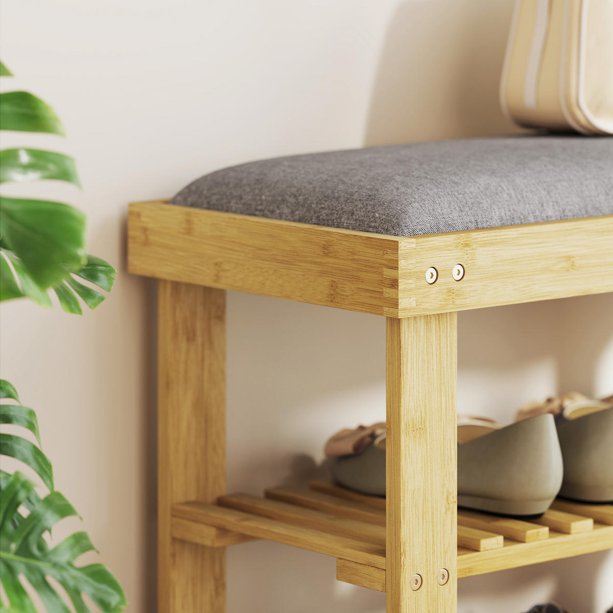 SCHUHBANK DE-09872 mit Sitzfläche und Stauraum, 2 offene Fächer Grau - Naturfarben, Naturmaterialien (60/49/29cm) - ComfortXL