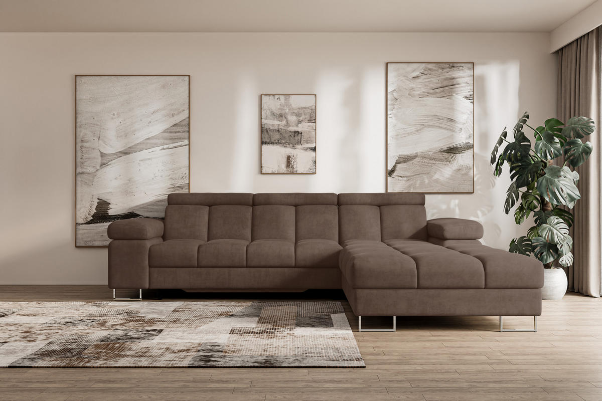 ECKSOFA mit Schlaffunktion Ottomane Rechts COMA L 271x203x79 Braun Velours - Braun, Holzwerkstoff/Textil (203/271cm) - ALTDECOR