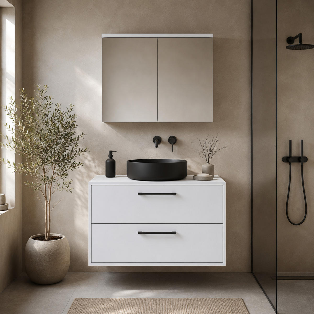 BADMÖBEL-SET Florence 2 Teile Hochglanz Weiß - 80 x 46 x 46 cm - Weiß, Holz (80/46/46cm) - Badplaats