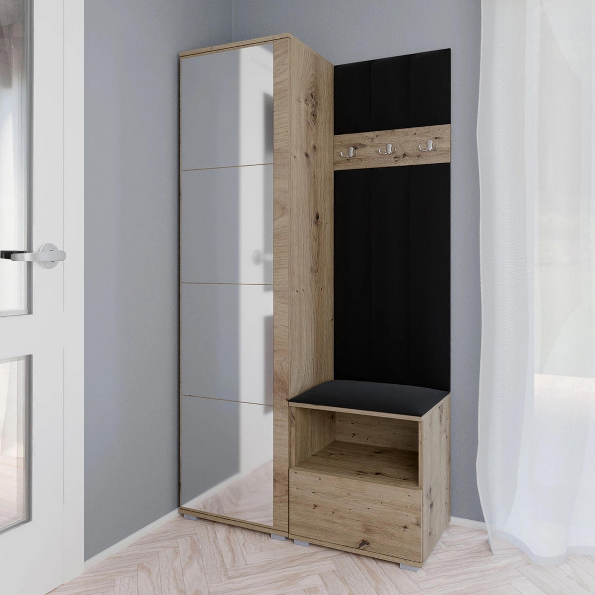 GEPOLSTERT Garderoben-Set Nela I LUX (Spiegel – Farbe Eiche Artisan + Stoff Trinity 16) - Silberfarben/Schwarz, Holz/Holzwerkstoff (100/187/40cm) - Ravio
