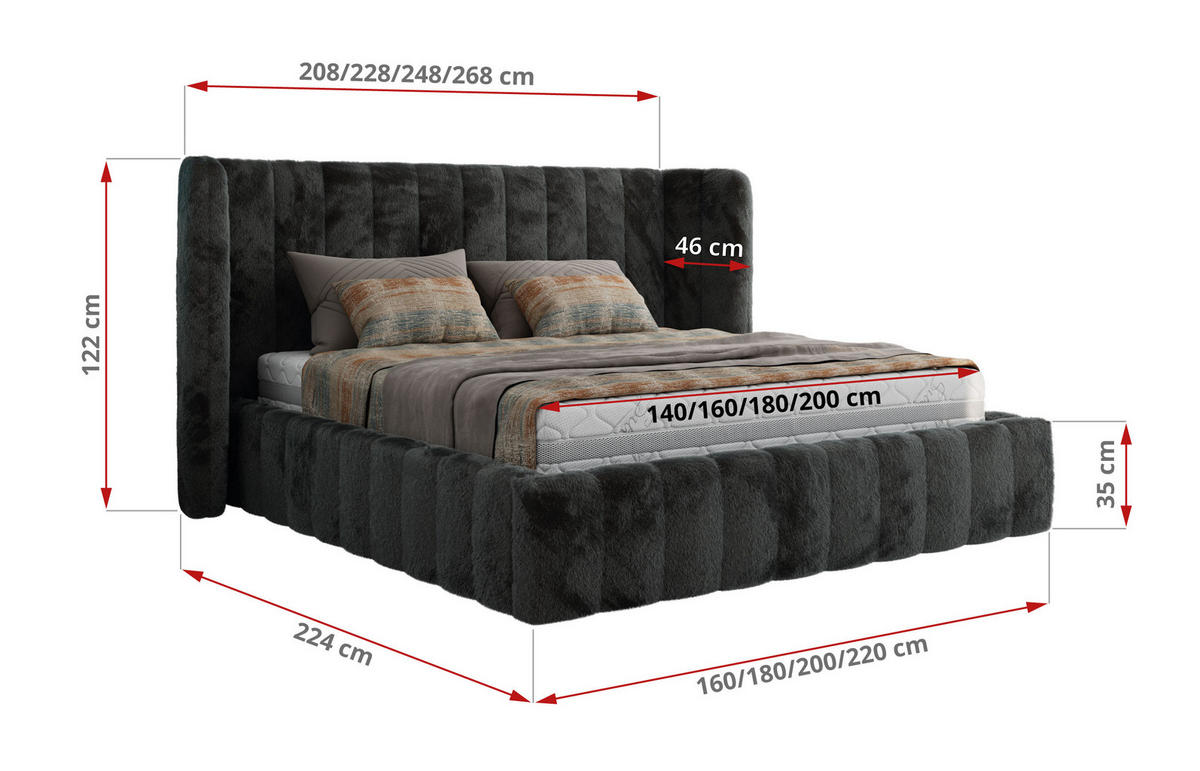 POLSTERBETT GOLETTA CLASSIC 200/200 - Dunkelgrau Plüsch - Multipocket-Matratze - Dunkelgrau, Textil (200/200cm) - MKS