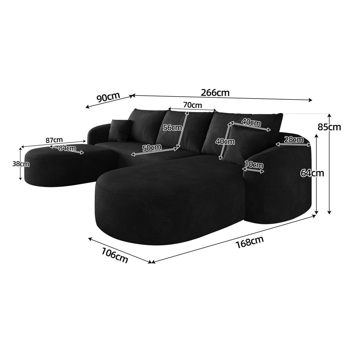 WOHNLANDSCHAFT DE-34817 U-Form 2-Sitzer Chaiselongue rechts Schwarz - Schwarz, Textil (168/85/266cm) - ComfortXL