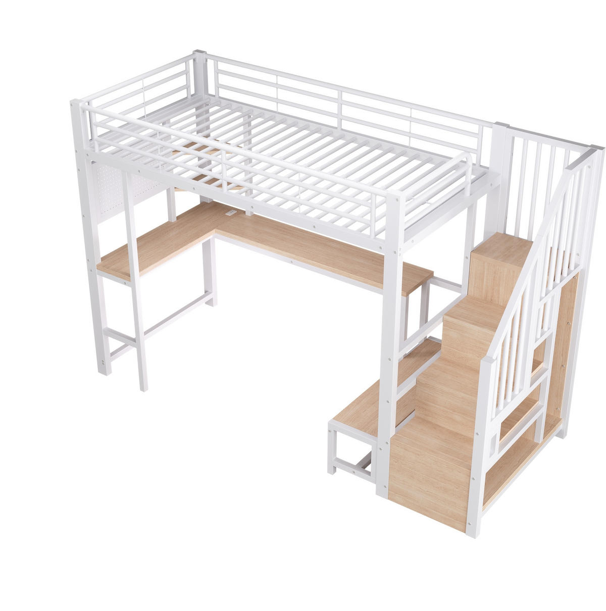 HOCHBETT Metall/MDF 90x200 cm Weiß mit Schreibtisch, Stauraumtreppe, Regalen, Lochwand, LED & USB - Weiß, Holzwerkstoff (90/200cm) - Modfu