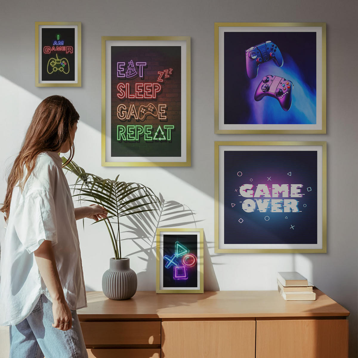 BILDER SET 5er Set - 50x50 cm & 20x30 cm & 40x60 cm Goldrahmen - Gamepads, Spielersymbol-Untertitel - Goldfarben, Kunststoff (40/60cm) - TULUP